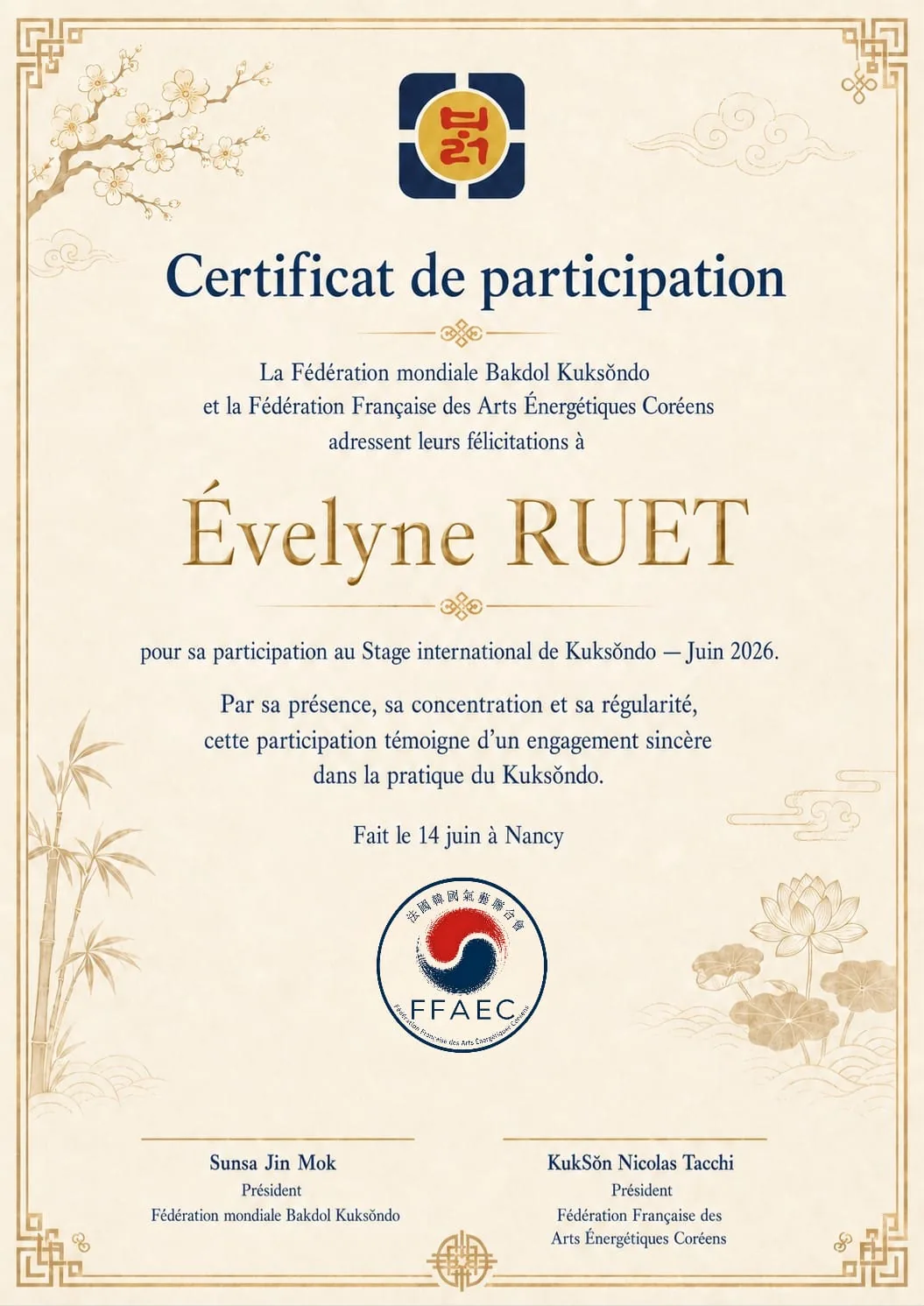 Certificat officiel de la Fédération Française des Arts Énergétiques Coréens