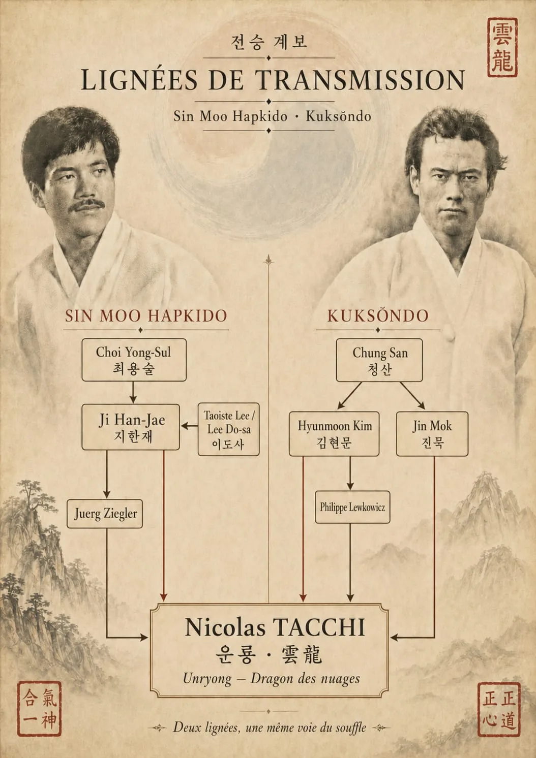 Infographie des lignées de transmission : Sin Moo Hapkido (Choi Yong-Sul, Ji Han-Jae, Juerg Ziegler) et Kuksŏndo (Chung San, Hyunmoon Kim, Jin Mok, Philippe Lewkowicz) convergent vers Nicolas Tacchi, Unryong